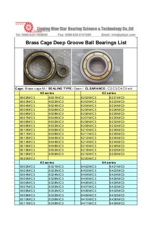 Brass Cage Deep Groove Ball Bearings List
Cage: Brass cage M / SEALING TYPE: Open / CLEARANCE: C2,C3,C4,C5 ect
60 series 62 series
6002M/C3 6021M/C3 6202M/C3 6221M/C3
6003M/C3 6022M/C3 6203M/C3 6222M/C3
6004M/C3 6024M/C3 6204M/C3 6224M/C3
6005M/C3 6026M/C3 6205M/C3 6226M/C3
6006M/C3 6028M/C3 6206M/C3 6228M/C3
6007M/C3 6030M/C3 6207M/C3 6230M/C3
6008M/C3 6032M/C3 6208M/C3 6232M/C3
6009M/C3 6032M/C3 6209M/C3 6232M/C3
6010M/C3 6036M/C3 6210M/C3 6236M/C3
6011M/C3 6038M/C3 6211M/C3 6238M/C3
6012M/C3 6040M/C3 6212M/C3 6240M/C3
6014M/C3 6044M/C3 6214M/C3 6244M/C3
6016M/C3 6048M/C3 6216M/C3 6248M/C3
6018M/C3 6052M/C3 6218M/C3 6252M/C3
6019M/C3 6056M/C3 6219M/C3 6256M/C3
6020M/C3 6220M/C3
63 series 64 series
6302M/C3 6321M/C3 6402M/C3 6421M/C3
6303M/C3 6322M/C3 6403M/C3 6422M/C3
6304M/C3 6324M/C3 6404M/C3 6424M/C3
6305M/C3 6326M/C3 6405M/C3 6426M/C3
6306M/C3 6328M/C3 6406M/C3 6428M/C3
6307M/C3 6330M/C3 6407M/C3 6430M/C3
6308M/C3 6332M/C3 6408M/C3 6432M/C3
6309M/C3 6332M/C3 6409M/C3 6432M/C3
6310M/C3 6336M/C3 6410M/C3 6436M/C3
6311M/C3 6338M/C3 6411M/C3 6438M/C3
 