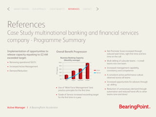 CLIENT BENEFITSOUR APPROACHMARKET DRIVERS REFERENCES CONTACT< >
References
Case Study multinational banking and ﬁnancial services
company - Programme Summary
Implementation of opportunities to
release capacity equating to £2.4M
exceeded target:
• Removing operational SILO’s
• Increased Active Management
• Demand Reduction
• Use of ‘Work Force Management’ best
practice principles for the ﬁrst time
• Grade of Service increased exceeding target
for the ﬁrst time in a year
• Net Promoter Score increased through
reduced wait times, right ﬁrst time and less
time on the call
• Multi skilling of subscale teams – 4 small
teams into one team
• Increased management capability,
consistency and competence
• A consistent active performance culture
observed across all teams
• Increased opportunities for advisors through
up- skilling
• Reduction of unnecessary demand through
automation and reduced hand offs to other
teams (one and done)
July
Actual
Planned
Business Banking Capacity
(Monthly average)
FTECapacity
0.0
20.0
40.0
60.0
80.0
100.0
August September October
Overall Beneﬁt Progression
Active Manager | A BearingPoint Accelerator
 