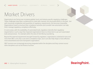 Market Drivers
Organizations are facing ever-increasing global, local, and industry-speciﬁc regulatory challenges.
These c...