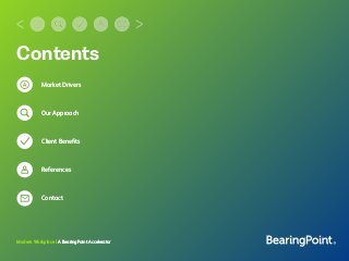 Contents
Market Drivers
Our Approach
Client Beneﬁts
References
Contact
Modern Workplace | A BearingPoint Accelerator
 