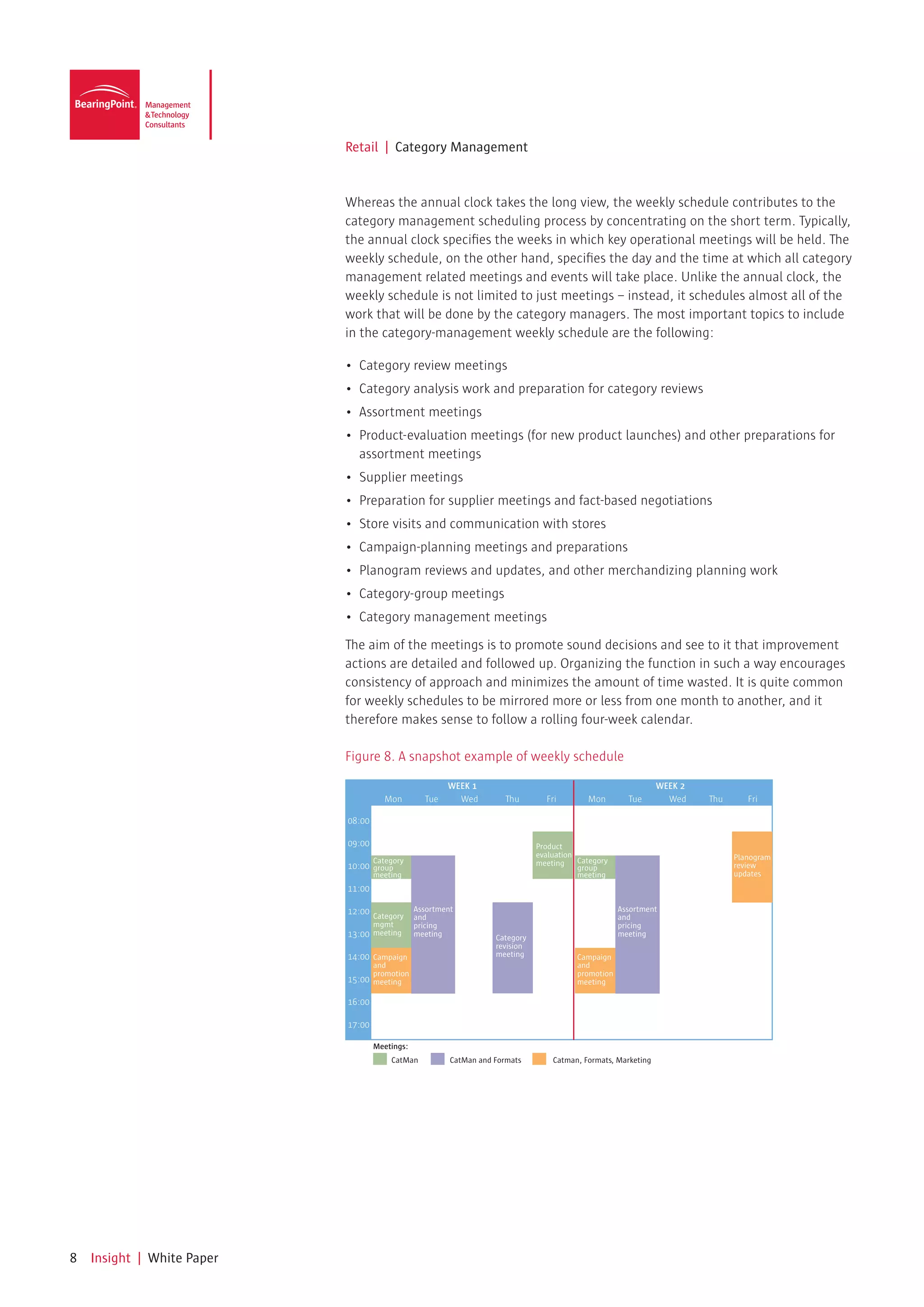 Retail | Category Management


                            Whereas the annual clock takes the long view, the weekly schedule contributes to the
                            category management scheduling process by concentrating on the short term. Typically,
                            the annual clock specifies the weeks in which key operational meetings will be held. The
                            weekly schedule, on the other hand, specifies the day and the time at which all category
                            management related meetings and events will take place. Unlike the annual clock, the
                            weekly schedule is not limited to just meetings – instead, it schedules almost all of the
                            work that will be done by the category managers. The most important topics to include
                            in the category-management weekly schedule are the following:

                            •	 Category	review	meetings
                            •	 Category	analysis	work	and	preparation	for	category	reviews
                            •	 Assortment	meetings
                            •	 Product-evaluation	meetings	(for	new	product	launches)	and	other	preparations	for	
                               assortment meetings
                            •	 Supplier	meetings
                            •	 Preparation	for	supplier	meetings	and	fact-based	negotiations
                            •	 Store	visits	and	communication	with	stores
                            •	 Campaign-planning	meetings	and	preparations
                            •	 Planogram	reviews	and	updates,	and	other	merchandizing	planning	work
                            •	 Category-group	meetings
                            •	 Category	management	meetings

                            The aim of the meetings is to promote sound decisions and see to it that improvement
                            actions are detailed and followed up. Organizing the function in such a way encourages
                            consistency of approach and minimizes the amount of time wasted. It is quite common
                            for weekly schedules to be mirrored more or less from one month to another, and it
                            therefore makes sense to follow a rolling four-week calendar.

                            Figure 8. A snapshot example of weekly schedule

                                                        WEEK 1                                                  WEEK 2
                                      Mon         Tue     Wed         Thu        Fri        Mon        Tue        Wed    Thu      Fri

                            08:00

                            09:00                                              Product
                                                                               evaluation                                      Planogram
                                    Category                                   meeting    Category
                            10:00 group                                                   group                                review
                                    meeting                                               meeting                              updates
                            11:00

                            12:00 Category      Assortment                                           Assortment
                                                and                                                  and
                                  mgmt          pricing                                              pricing
                            13:00 meeting       meeting             Category                         meeting
                                                                    revision
                            14:00 Campaign                          meeting              Campaign
                                  and                                                    and
                                  promotion                                              promotion
                            15:00 meeting                                                meeting

                            16:00

                            17:00

                                    Meetings:
                                        CatMan           CatMan and Formats        Catman, Formats, Marketing




8   Insight | White Paper
 