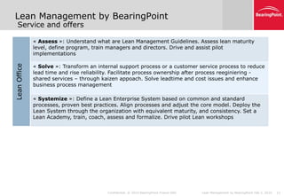 Lean Management by BearingPoint
   Service and offers

              « Assess »: Understand what are Lean Management Guidelines. Assess lean maturity
              level, define program, train managers and directors. Drive and assist pilot
              implementations

              « Solve »: Transform an internal support process or a customer service process to reduce
Lean Office




              lead time and rise reliability. Facilitate process ownership after process reeginiering -
              shared services – through kaizen appoach. Solve leadtime and cost issues and enhance
              business process management

              « Systemize »: Define a Lean Enterprise System based on common and standard
              processes, proven best practices. Align processes and adjust the core model. Deploy the
              Lean System through the organization with equivalent maturity, and consistency. Set a
              Lean Academy, train, coach, assess and formalize. Drive pilot Lean workshops




                                          Confidential. © 2010 BearingPoint France SAS   Lean Management by BearingPoint Feb 5, 2010   12
 