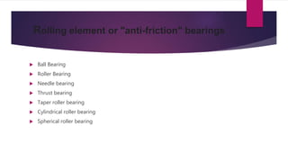 Rolling element or "anti-friction" bearings
 Ball Bearing
 Roller Bearing
 Needle bearing
 Thrust bearing
 Taper roller bearing
 Cylindrical roller bearing
 Spherical roller bearing
 