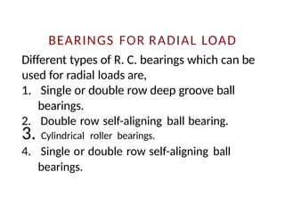 BEARINGS FOR RADIAL LOAD
Different types of R. C. bearings which can be
used for radial loads are,
1. Single or double row deep groove ball
bearings.
2. Double row self-aligning ball bearing.
3. Cylindrical roller bearings.
4. Single or double row self-aligning ball
bearings.
 