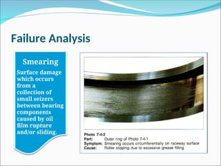 Failure Analysis
Smearing
Surface damage
which occurs
from a
collection of
small seizers
between bearing
components
caused by oil
film rupture
and/or sliding.
 