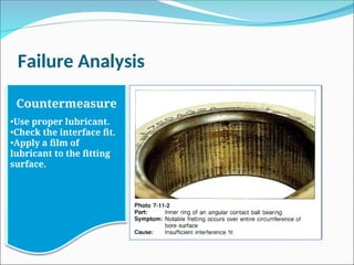 Failure Analysis
Countermeasure
•Use proper lubricant.
•Check the interface fit.
•Apply a film of
lubricant to the fitting
surface.
 