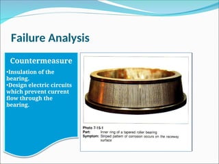 Failure Analysis
Countermeasure
•Insulation of the
bearing.
•Design electric circuits
which prevent current
flow through the
bearing.
 
