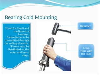 Bearing Cold Mounting
Hammer
Long
Tube with
flat ends
Used for Small and
medium size
bearings.
cause forces to be
transmitted through
the rolling elements.
Forces must be
distributed on the
outer and inner
rings.
 
