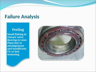 Failure Analysis
Peeling
Small flaking in
closure valve
Bearing in Lime
Plant due to
misalignment
and insufficient
Fit or bad
mounting.
 