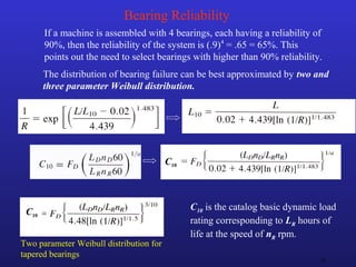 28
Bearing Reliability
If a machine is assembled with 4 bearings, each having a reliability of
90%, then the reliability of the system is (.9)4
= .65 = 65%. This
points out the need to select bearings with higher than 90% reliability.
The distribution of bearing failure can be best approximated by two and
three parameter Weibull distribution.
Two parameter Weibull distribution for
tapered bearings
C10
C10 is the catalog basic dynamic load
rating corresponding to LR hours of
life at the speed of nR rpm.
C10
 