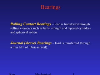 Bearings
Rolling Contact Bearings – load is transferred through
rolling elements such as balls, straight and tapered cylinders
and spherical rollers.
Journal (sleeve) Bearings – load is transferred through
a thin film of lubricant (oil).
 