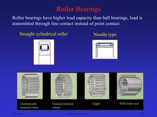 Ken Youssefi Mechanical Engineering Dept. 10
Roller Bearings
Roller bearings have higher load capacity than ball bearings, load is
transmitted through line contact instead of point contact.
Straight cylindrical roller Needle type
 