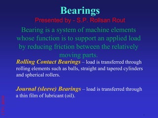 CTTC
,BBSR
1
Bearings
Presented by - S.P. Rollsan Rout
Rolling Contact Bearings – load is transferred through
rolling elements such as balls, straight and tapered cylinders
and spherical rollers.
Journal (sleeve) Bearings – load is transferred through
a thin film of lubricant (oil).
Bearing is a system of machine elements
whose function is to support an applied load
by reducing friction between the relatively
moving parts.
 