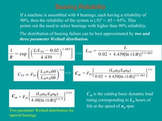 Bearing Reliability
If a machine is assembled with 4 bearings, each having a reliability of
90%, then the reliability of the system is (.9)4
= .65 = 65%. This
points out the need to select bearings with higher than 90% reliability.
The distribution of bearing failure can be best approximated by two and
three parameter Weibull distribution.
Two parameter Weibull distribution for
tapered bearings
C10
C10 is the catalog basic dynamic load
rating corresponding to LR hours of
life at the speed of nR rpm.
C10
 