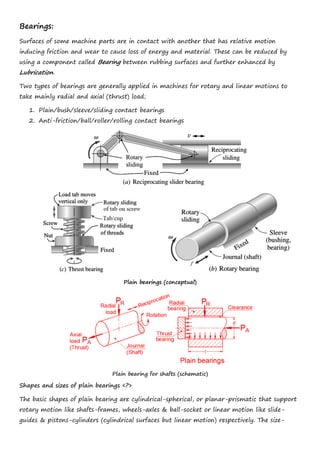 Bearings:
Surfaces of some machine parts are in contact with another that has relative motion
inducing friction and wear to cause loss of energy and material. These can be reduced by
using a component called Bearing between rubbing surfaces and further enhanced by
Lubrication.
Two types of bearings are generally applied in machines for rotary and linear motions to
take mainly radial and axial (thrust) load;
1. Plain/bush/sleeve/sliding contact bearings
2. Anti-friction/ball/roller/rolling contact bearings
Plain bearings (conceptual)
Plain bearing for shafts (schematic)
Shapes and sizes of plain bearings <?>
The basic shapes of plain bearing are cylindrical-spherical, or planar-prismatic that support
rotary motion like shafts-frames, wheels-axles & ball-socket or linear motion like slide-
guides & pistons-cylinders (cylindrical surfaces but linear motion) respectively. The size-
 