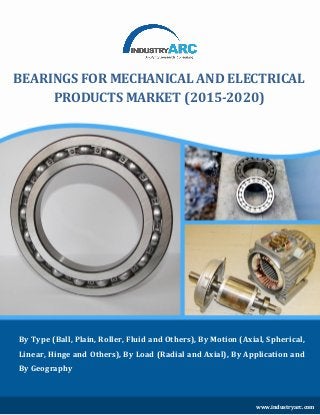 By Type (Ball, Plain, Roller, Fluid and Others), By Motion (Axial, Spherical,
Linear, Hinge and Others), By Load (Radial and Axial), By Application and
By Geography
BEARINGS FOR MECHANICAL AND ELECTRICAL
PRODUCTS MARKET (2015-2020)
www.industryarc.com
 
