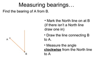 Measuring bearings…
Find the bearing of A from B.

                          • Mark the North line on at B
                          (if there isn’t a North line
                          draw one in)
                         • Draw the line connecting B
      x
  A                      to A.
                         • Measure the angle
             x
                         clockwise from the North line
                 B       to A
 