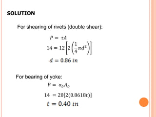 For shearing of rivets (double shear):
𝑃 = 𝜏𝐴
14 = 20 2(0.8618𝑡)
14 = 12 2
1
4
𝜋𝑑2
For bearing of yoke:
𝑃 = 𝜎𝑏 𝐴 𝑏
SOLUTION
 