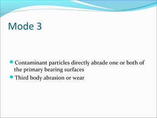 Mode 3
Contaminant particles directly abrade one or both of
the primary bearing surfaces
Third body abrasion or wear
 