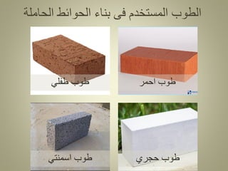 ‫طفلي‬ ‫طوب‬
‫اسمنتي‬ ‫طوب‬ ‫حجري‬ ‫طوب‬
‫احمر‬ ‫طوب‬
‫الحاملة‬ ‫الحوائط‬ ‫بناء‬ ‫فى‬ ‫المستخدم‬ ‫الطوب‬
 