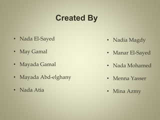 Created By
• Nada El-Sayed
• May Gamal
• Mayada Gamal
• Mayada Abd-elghany
• Nada Atia
• Nadia Magdy
• Manar El-Sayed
• Nada Mohamed
• Menna Yasser
• Mina Azmy
 