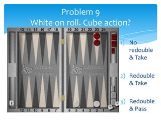Problem 9
White on roll. Cube action?
1) No
redouble
& Take

2) Redouble
& Take
3) Redouble
& Pass

 