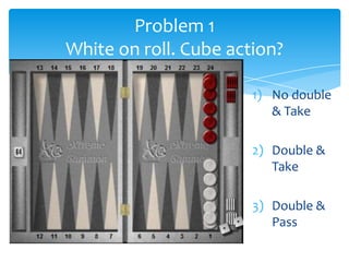 Problem 1
White on roll. Cube action?
1) No double
& Take

2) Double &
Take
3) Double &
Pass

 