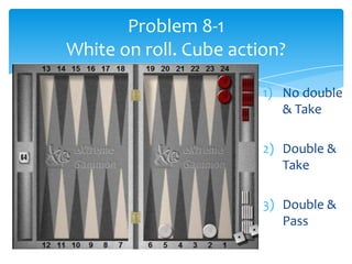 Problem 8-1
White on roll. Cube action?
1) No double
& Take
2) Double &
Take
3) Double &
Pass

 