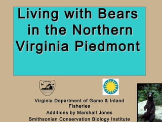 Living with Bears
in the Northern
Virginia Piedmont

Virginia Department of Game & Inland
Fisheries
Additions by Marshall Jones
Smithsonian Conservation Biology Institute

 