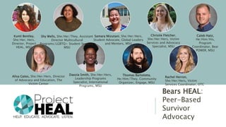 Bears HEAL:
Peer-Based
Survivor
Advocacy
Kunti Bentley,
She/Her, Hers,
Director, Project
HEAL, MSU
Shy Wells, She/Her/They, Assistant
Director Multicultural
Programs/LGBTQ+ Student Services,
MSU
Samara Mizutani, She/Her/Hers,
Student Advocate, Global Leaders
and Mentors, MSU
Christie Fletcher,
She/Her/Hers, Victim
Services and Advocacy
Specialist, MSU
Caleb Hatz,
He/Him/His,
Program
Coordinator, Bear
POWER, MSU
Alisa Gates, She/Her/Hers, Director
of Advocacy and Education, The
Victim Center
Daezia Smith, She/Her/Hers,
Leadership Programs
Specialist, International
Programs, MSU
Thomas Bartolotta,
He/Him/They, Community
Organizer, Engage, MSU
Rachel Herron,
She/Her/Hers, Victim
Services Coordinator, OTC
 