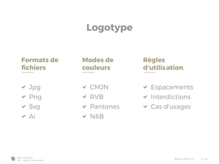 Logotype
Formats de
fichiers
 Jpg
 Png
 Svg
 Ai
Modes de
couleurs
 CMJN
 RVB
 Pantones
 NB
Règles
d'utilis	ation
 Espacements
 Interdictions
 Cas d'usages
B e a r S t u d i o
A l l r i g h t s r e s e r v e d
@ D a v i d E n d i co 2 1 - 4 4
 