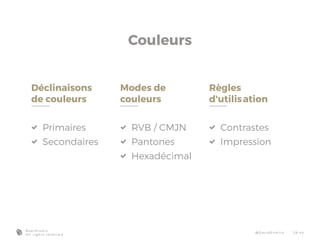 Couleurs
Déclinaisons
de couleurs
 Primaires
 Secondaires
Modes de
couleurs
 RVB / CMJN
 Pantones
 Hexadécimal
Règles
d'utilis	ation
 Contrastes
 Impression
B e a r S t u d i o
A l l r i g h t s r e s e r v e d
@ D a v i d E n d i co 2 6 - 4 4
 