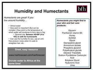 Humidity and Humectants Humectants you might find in your skin and hair care products:   Glycerin  Panthenol/ vitamin B5  Honey  Sorbitol  Glycol  Dipropylene glycol  Ammonium lactate  Propylene glycerol  Polyethylene glycols  Glyceryl Triacetate  Sodium Pyrollidone Carboxylic Acid  Butylene Glycol  Hyaluronic Acid  Urea Humectants are great! If you live around humidity… Great, easy resource  www.hairforecast.com/hairforecast Donate water to Africa at the same time! Attract water Dew point is important! (But can be complex.) Dew point is the temperature at which water will condense to form dew or fog.  General rule:  Between 40-60F (4 to 16C) is safe for humectants Can use the humidity for you, use an anti-frizz product, know when it’s safe to straighten hair, etc. 