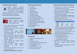 PROGRAM BEASISWA UNGGULAN
Beasiswa Unggulan merupakan
pemberian bantuan biaya pendidikan
oleh pemerintah Indonesia atau pihak
lain berdasarkan atas kesepakatan
kersjasama kepada putera – puteri terbaik bangsa
Indonesa dan mahasiswa asing terpilih.
(Permendiknas RI Nomor 20 Tahun 2009)
SASARAN PROGRAM BEASISWA UNGGULAN
Beasiswa Unggulan diberikan
kepada mereka yang memiliki
prestasi sebagai berikut:
1. Peraih medali Olimpiade Sains/ Teknologi
tingkat Nasional/ Internasional;
2. Pemenang lomba LKS (Lomba Kompetensi
Siswa) Tingkat Nasional;
3. Pemenang Lomba tingkat Nasional/
Internasional, bidang Sains, Teknologi, Seni
Budaya, Olahraga, dll;
4. Lulusan terbaik SMA/ MA/ SMK/ Ponpes/
Perguruan Tinggi yang diusulkan oleh Pemda
(Propinsi/ Kabupaten/ Kota), Masyarakat
(LSM), dan Insdustri;
5. Lulusan Cumlaude dari Perguruan Tinggi/
Sekolah Tinggi/ Akademi;
6. Penulis, Pencipta, Peneliti, Seniman,
Olahragawan, dan Tokoh (P3SWOT)
berprestasi;
7. Staf Pemda dan Staf Diknas dari unit- unit
utama serta jajarannya;
8. Bukan Dosen (untuk reguler S1, S2, dan S3).
BENTUK BEASISWA UNGGULAN
1. Biaya Hidup;
2. Biaya Pendidikan;
3. Biaya Buku;
4. Biaya Penelitian;
5. Biaya Publikasi Ilmiah;
6. Tunjangan Prestasi;
7. Tunjangan Kreativitas;
8. Bantuan Beasiswa P3SWOT;
9. Biaya Transportasi/ Tiket Pesawat;
10. Biaya Asuransi Kesehatan;
11. Biaya Kedatangan dan Kepulangan;
12. Biaya Tunjangan Awal/ Akhir Program;
13. Biaya Matrikulasi;
14. Biaya Operasional; atau
15. Biaya lainnya.
JENIS BEASISWA
1. Beasiswa Jenjang DIV/ S1, S2, & S3
2. P3SWOT
3. Kreativitas Para Juara
4. Studi Lanjut Para Juara & Atlet Berprestasi
5. Beasiswa Mahasiswa Asing
6. BU – CIMB Niaga
7. Beasiswa Nusantara BU - BRI
8. Bantuan Kemitraan Alumni
PERSYARATAN PROGRAM BEASISWA UNGGULAN
1. Sudah diterima di Perguruan Tinggi dengan
melampirkan Letter of Acceptance
2. Surat Pernyataan sanggup mengikuti peraturan
pada Program Beasiswa Unggulan
3. Mengisi data diri secara lengkap pada website
Program Beasiswa Unggulan:
http://www.beasiswaunggulan.kemdiknas.go.id
4. Melampirkan proposal rencana usulan, tugas
akhir/ Skripsi/ Tesis/ Disertasi
5. Syarat IPK & TOEFL untuk mengikuti seleksi:
S1 S2 S3
UAN > 7.25 - -
IPK > 3.00 > 3.25 > 3.25
TOEFL 450 500 550
Isi pada form online dengan melampirkan scan
Ijazah & Transkrip Nilai (untuk IPK & UAN) serta
scan sertifikat TOEFL yang sudah dilegalisir.
*) Apabila calon pelamar tidak memiliki sertifikat TOEFL, dapat
melampirkan sertifikat TOEIC, TOEFL IBT, IELTS, dll
6. Melampirkan Sertifikat penghargaan/ prestasi
7. Usia Pendaftar diprioritaskan:
a. DIV/ S1 tidak lebih dari 21 tahun
b. S2 tidak lebih dari 35 tahun
c. S3 tidak lebih dari 45 tahun
8. Melampirkan surat rekomendasi dari Instansi
asal untuk mengikuti program Beasiswa
Unggulan.
9. Membuat publikasi pada media masa nasional/
Internasional (ISR).
 