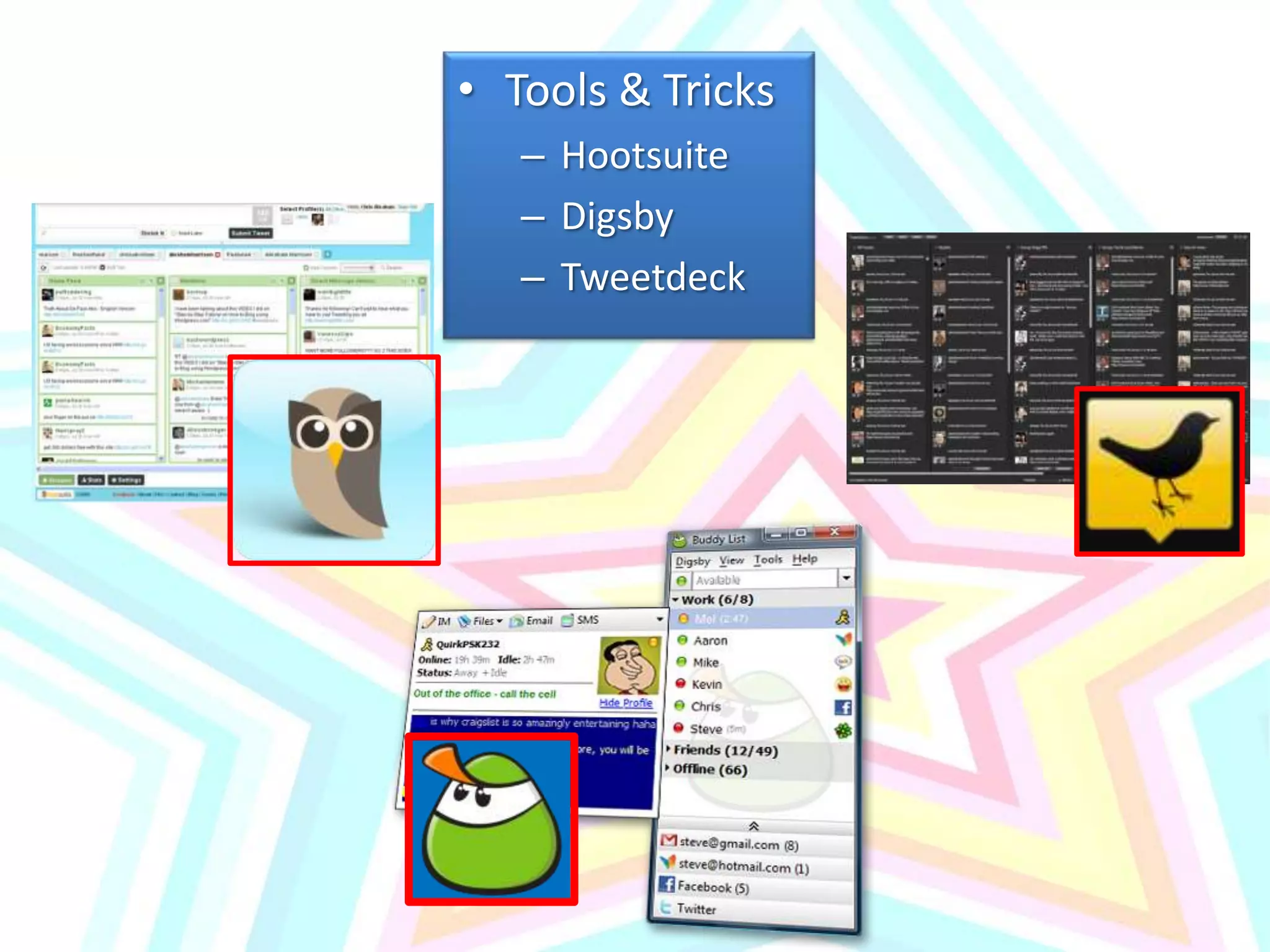Office Web 2.0 PlanWhich one(s) should your office use?Think about your marketing strategiesWhat messages do you want to deliverWhat’s easiest right nowStart smallTry one or two first to avoid overwhelming selfBranch out with more and try to link themHow will you let everyone know about these new resources?