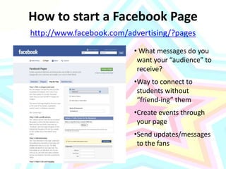 How to start a Facebook Pagehttp://www.facebook.com/advertising/?pages What messages do you want your “audience” to receive?