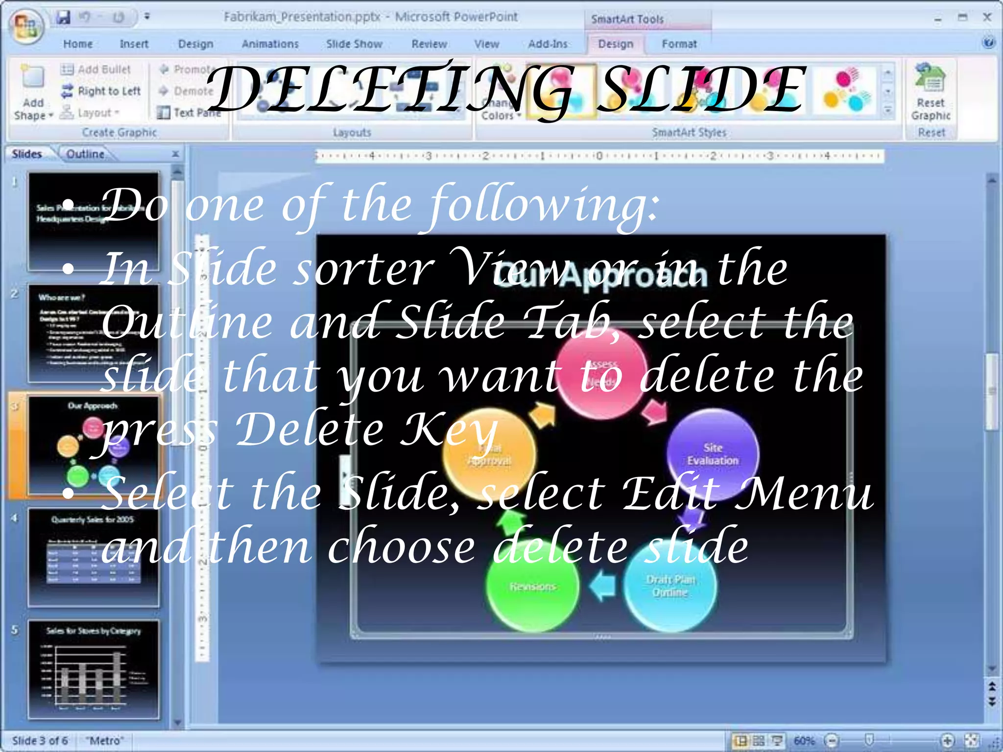 DELETING SLIDEDo one of the following:In Slide sorter View or in the Outline and Slide Tab, select the slide that you want to delete the press Delete KeySelect the Slide, select Edit Menu and then choose delete slide