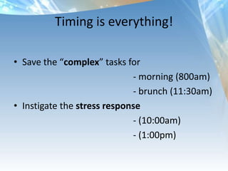 In favor of NapsThe restorative effects of naps on perceptual   deterioration – Sara MednickSubjects tested 4 times in a day instead of given a night to “slow learn” at nightDeterioration decreased if nap given between   2nd and 3rd test