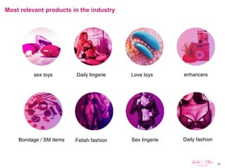 13
Most relevant products in the industry
sex toys Daily lingerie Love toys enhancers
Sex lingerieBondage / SM items Fetish fashion Daily fashion
 