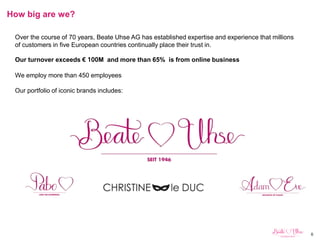 6
How big are we?
Over the course of 70 years, Beate Uhse AG has established expertise and experience that millions
of customers in five European countries continually place their trust in.
Our turnover exceeds € 100M and more than 65% is from online business
We employ more than 450 employees
Our portfolio of iconic brands includes:
 