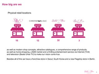 7
How big are we
1210 32 3
Physical retail locations
as well as modern shop concepts, attractive catalogues, a comprehensive range of products,
as well as home-shopping, a B2B market and a thrilling entertainment service via Internet (Tintl)
and television (Beate Uhse TV) to make our vision come true.
Besides all of this we have a franchise store in Seoul, South Korea and a new Flagship store in Berlin.
 