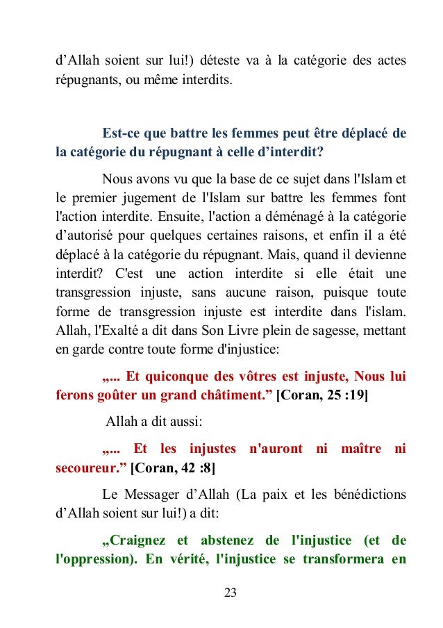 BATTRE les femmes est interdit en Islam
