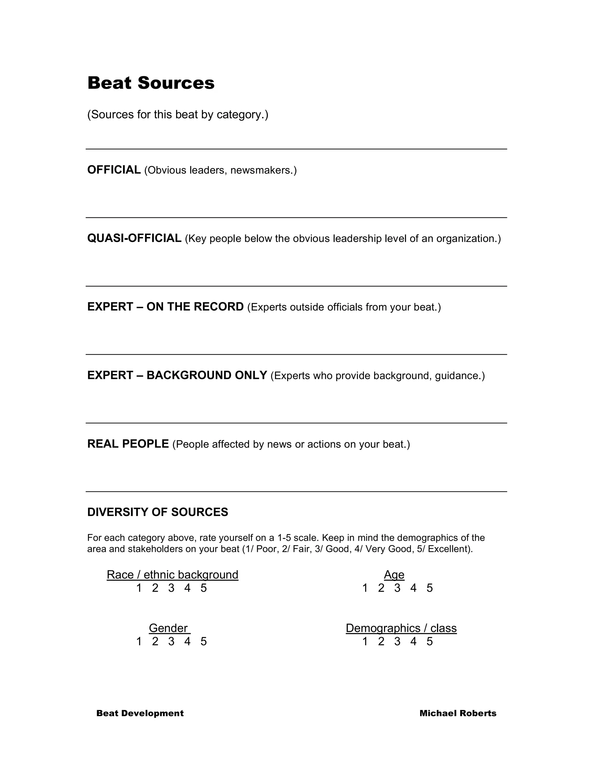 Beat Sources
(Sources for this beat by category.)



OFFICIAL (Obvious leaders, newsmakers.)




QUASI-OFFICIAL (Key people below the obvious leadership level of an organization.)




EXPERT – ON THE RECORD (Experts outside officials from your beat.)




EXPERT – BACKGROUND ONLY (Experts who provide background, guidance.)




REAL PEOPLE (People affected by news or actions on your beat.)




DIVERSITY OF SOURCES

For each category above, rate yourself on a 1-5 scale. Keep in mind the demographics of the
area and stakeholders on your beat (1/ Poor, 2/ Fair, 3/ Good, 4/ Very Good, 5/ Excellent).

    Race / ethnic background                                     Age
         1 2 3 4 5                                            1 2 3 4 5


             Gender                                        Demographics / class
           1 2 3 4 5                                         1 2 3 4 5




  Beat Development                                                          Michael Roberts
 