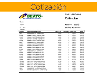 Cliente:
1
ALEXIA
Codigo Descripcion del Articulo Cantidad Precio Unit. Valor
Cotizacion
084345
Tel. : Fax : Fecha : 31/10/2016
Atencion :
RNC: 1-01-87406-6
Precio Pies
Numero:
148BA 1 X 4 X 8 BRUTO AMERICANO 120.0045.00 120.001
1410BA 1 X 4 X 10 BRUTO AMERICANO 150.0045.00 150.001
1412BA 1 X 4 X 12 BRUTO AMERICANO 180.0045.00 180.001
1414BA 1 X 4 X 14 BRUTO AMERICANO 210.0045.00 210.001
1416BA 1 X 4 X 16 BRUTO AMERICANO 240.0045.00 240.001
168BA 1 X 6 X 8 BRUTA AMERICANA 168.0042.00 168.001
1610BA 1 X 6 X 10 BRUTA AMERICANA 210.0042.00 210.001
1612BA 1 X 6 X 12 BRUTA AMERICANA 252.0042.00 252.001
1614A 1 X 6 X 14 BRUTA AMERICANA 294.0042.00 294.001
1616BA 1 X 6 X 16 BRUTA AMERICANA 336.0042.00 336.001
188BA 1 X 8 X 8 BRUTA AMERICANA 240.0045.00 240.001
1810BA 1 X 8 X 10 BRUTA AMERICANA 300.0045.00 300.001
1812BA 1 X 8 X 12 BRUTA AMERICANA 360.0045.00 360.001
1814BA 1 X 8 X 14 BRUTA AMERICANA 420.0045.00 420.001
1816BA 1 X 8 X 16 BRUTA AMERICANA 480.0045.00 480.001
1108BA 1 X 10 X 8 BRUTA AMERICANA 313.3347.00 313.331
11010BA 1 X 10 X 10 BRUTA AMERICANA 391.6747.00 391.671
11012BA 1 X 10 X 12 BRUTA AMERICANA 470.0047.00 470.001
11014BA 1 X 10 X 14 BRUTA AMERICANA 548.3347.00 548.331
11016BA 1 X 10 X 16 BRUTA AMERICANA 626.6747.00 626.671
148CA 1 X 4 X 8 CEPILLADO AMERICANO 120.0045.00 120.001
1410CA 1 X 4 X 10 CEPILLADO AMERICANO 150.0045.00 150.001
 