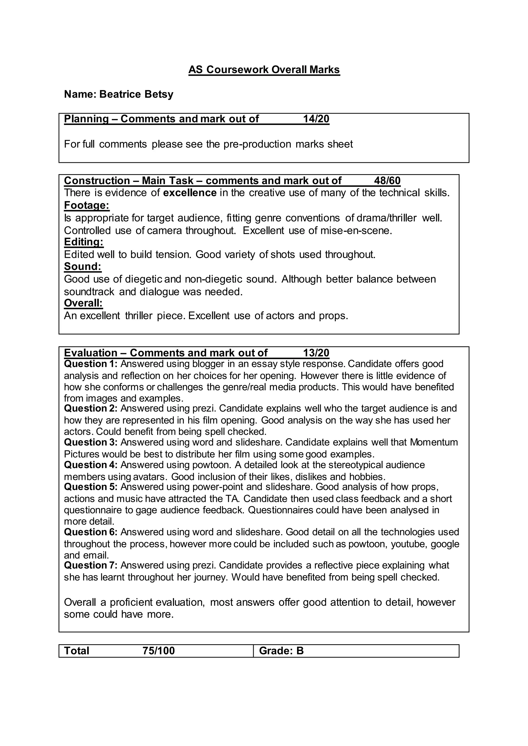 Beatrice betsy as coursework overall marksheet | DOCX
