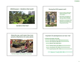 1/7/2018
2018 Season – Gardens that sooth
© Project SOUND
Gardens that heal
During the 2018 season we’ll:
 Discuss evidence linking good
health and exposure to the
out-of-doors
 Learn about the elements of
the out-of-door experience
that most affect our health
 Learn how to incorporate these
elements into our gardens, to
make them even better places
to grow and de-stress
© Project SOUND
Along the way, we’ll meet a few more
persons influential to CA native plants
© Project SOUND
The first of these is Miss Beatrice Faye Howitt
Important CA plantspersons we have ‘met’
© Project SOUND
Kate Sessions (1857-1940)
Blanche Trask (1865-1916)
Lester Rountree (1879 -1979)
Theodore Payne (1872-1963)
Alice Eastwood (1859-1951)
Leroy Abrams (1874-1956)
Katharine Brandegee (1844-1920)
Beatrice F. Howitt (1891-1981)
 