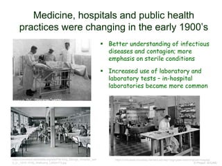 Medicine, hospitals and public health
practices were changing in the early 1900’s
 Better understanding of infectious
diseases and contagion; more
emphasis on sterile conditions
 Increased use of laboratory and
laboratory tests – in-hospital
laboratories became more common
© Project SOUND
https://commons.wikimedia.org/wiki/File:King_George_Hospital,_war
d_(c._1915-1918)_Wellcome_L0024173.jpg
https://cms.www.countway.harvard.edu/wp/?tag=peter-bent-brigham-hospital
 