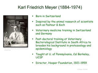  Born in Switzerland
 Inspired by the animal research of scientists
such as Pasteur & Koch
 Veterinary medicine training in Switzerland
and Germany
 Post-doctoral training at Veterinary
Bacteriological Institute in South Africa to
broaden his background in protozoology and
epidemiology
 Taught at U. of Pennsylvania, Cal Berkeley,
UCSF
 Director, Hooper Foundation, 1921-1959
© Project SOUND
Karl Friedrich Meyer (1884-1974)
http://bancroft.berkeley.edu/Exhibits/Biotech
/meyer.html
 