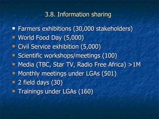 Achievements and outcomes in implementation of Napier smut and stunt resistance project in Tanzania