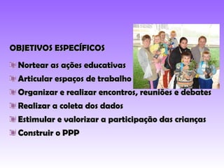 OBJETIVOS ESPECÍFICOS Nortear as ações educativas Articular espaços de trabalho Organizar e realizar encontros, reuniões e debates Realizar a coleta dos dados Estimular e valorizar a participação das crianças Construir o PPP 